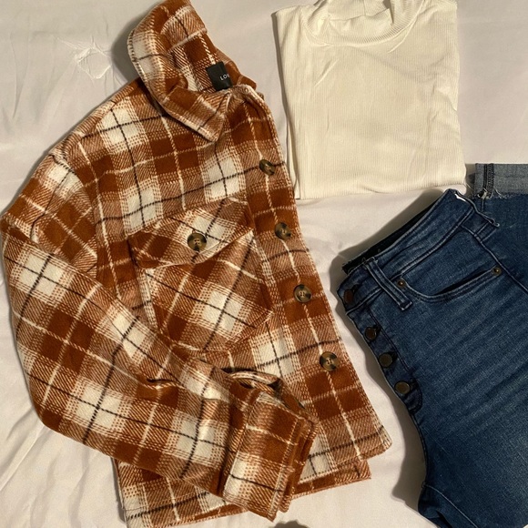 Orange Plaid Flannel Cropped Shacket - Picture 2 of 4
